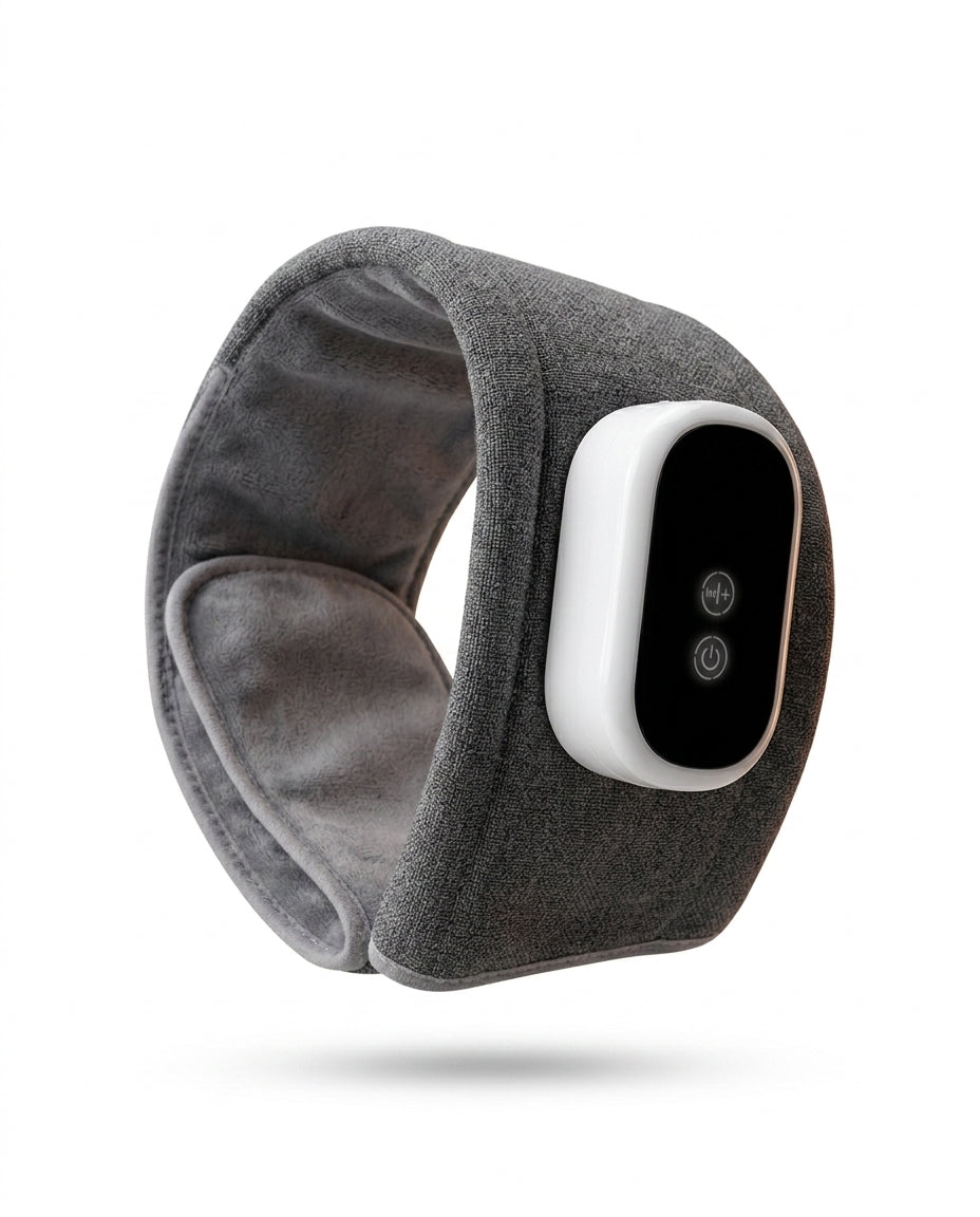 Grey fabric calf massager wrap with white control pod, studio shot on white