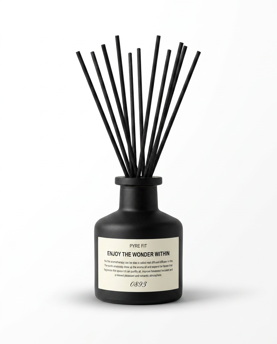 Matte black reed diffuser bottle with black reeds and minimalist label on white