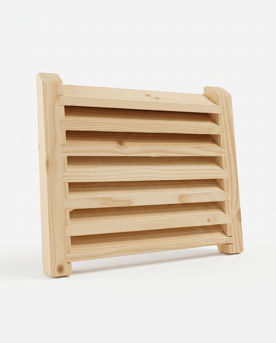 Light pine wood sauna ventilation grille with angled slats, studio shot on white