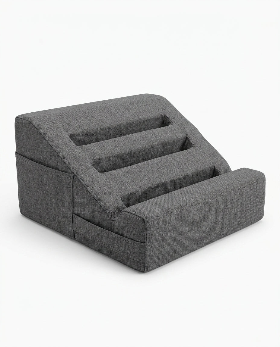 Grey grooved wedge bed support pillow, studio packshot on white