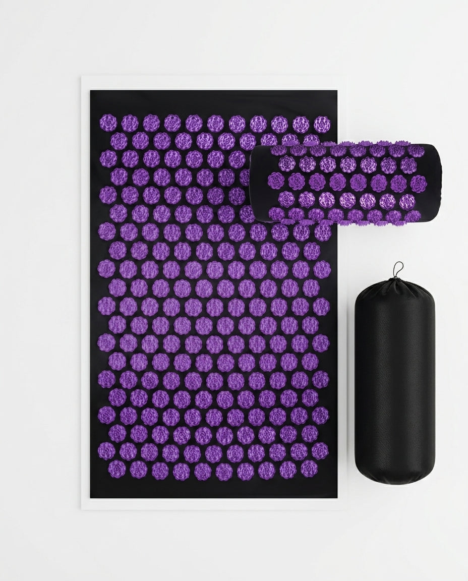 Purple acupressure mat, neck pillow and carry bag, studio shot on white