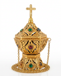 Ornate gold hanging incense burner with cross finial and jeweled gems