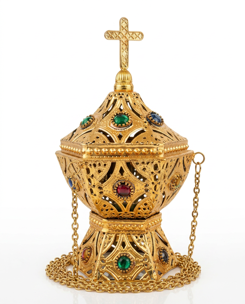 Ornate gold hanging incense burner with cross finial and jeweled gems