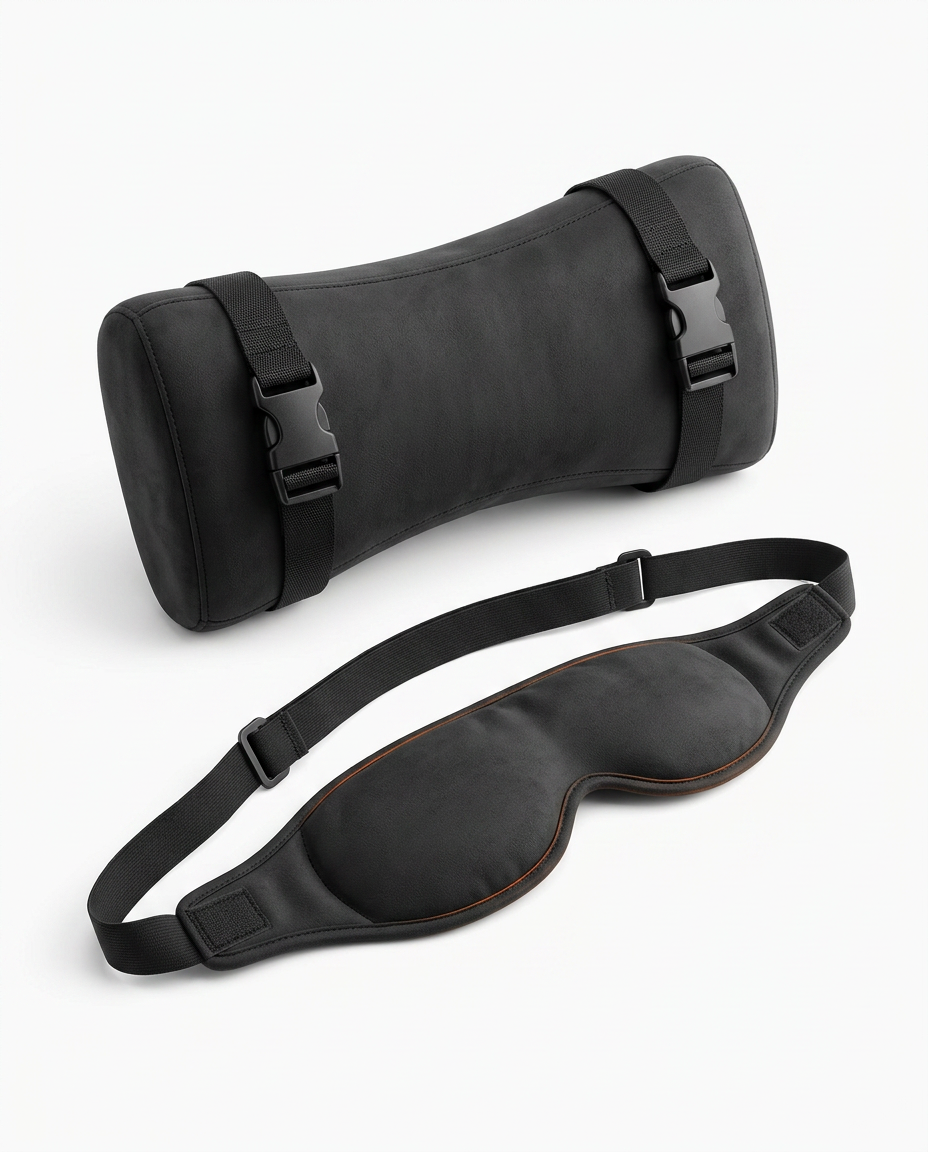 Black travel rest set with strapped neck pillow and contoured eye mask on white