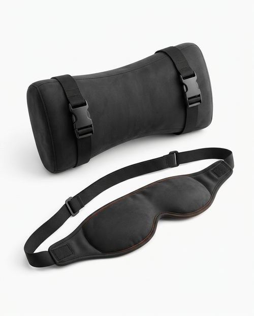 Black travel rest set with strapped neck pillow and contoured eye mask on white