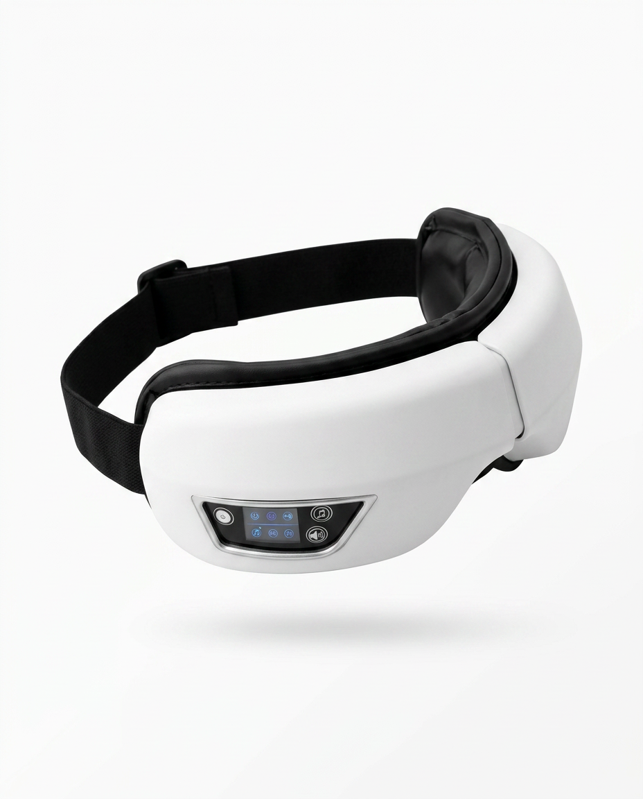 White eye massager with adjustable black strap and control panel, studio shot