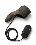 Black heated hand and finger wrap with wired control pod, studio shot on white