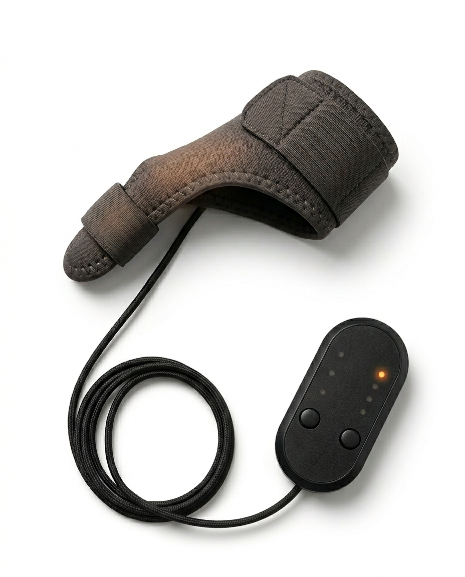 Black heated hand and finger wrap with wired control pod, studio shot on white