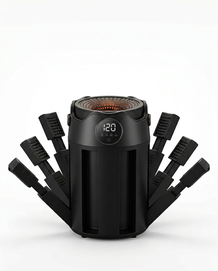 Black electric shoe dryer with eight foldable arms and LED display