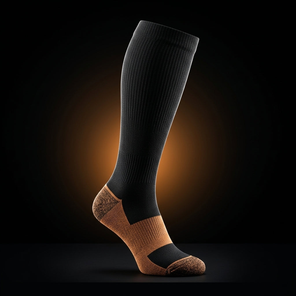 Black copper compression sock on a dark backdrop with amber glow
