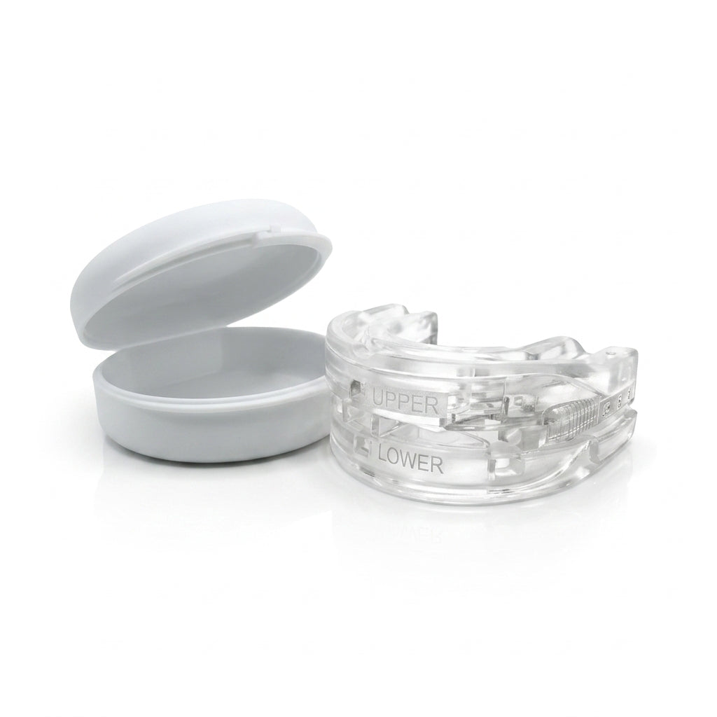 Clear adjustable anti-snore mouth guard with white storage case, studio on white