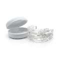 Clear adjustable anti-snore mouth guard with white storage case, studio on white