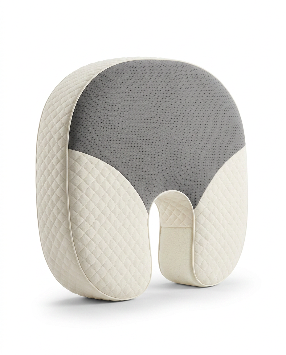Cream quilted side sleeper pillow with grey mesh center and shoulder cutout