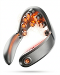 Silver smart heated neck massager with glowing massage nodes on white