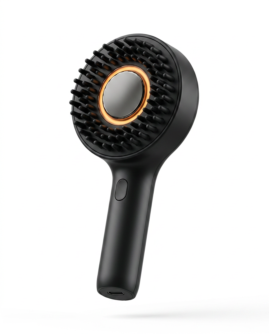 Black heated scalp massage brush with silicone bristles and glowing center