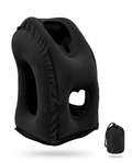 Black inflatable travel neck pillow with head cradle and arm cutouts plus packed pouch