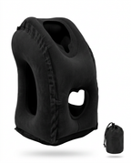 Black inflatable travel neck pillow with head cradle and arm cutouts plus packed pouch