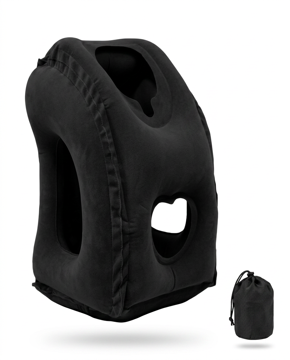 Black inflatable travel neck pillow with head cradle and arm cutouts plus packed pouch