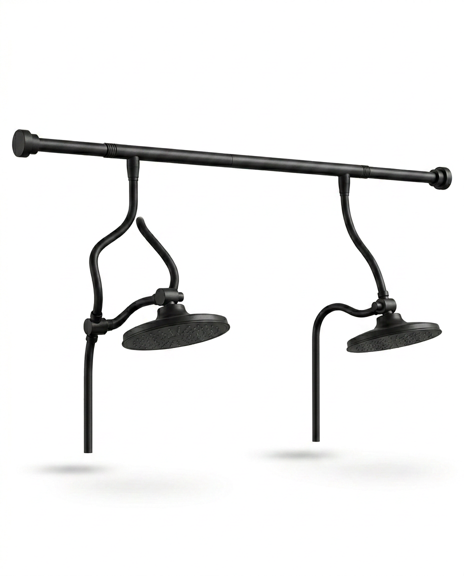 Matte black dual shower head system on a tension extension bar, studio on white