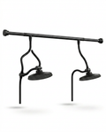 Matte black dual shower head system on a tension extension bar, studio on white