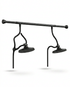 Matte black dual shower head system on a tension extension bar, studio on white