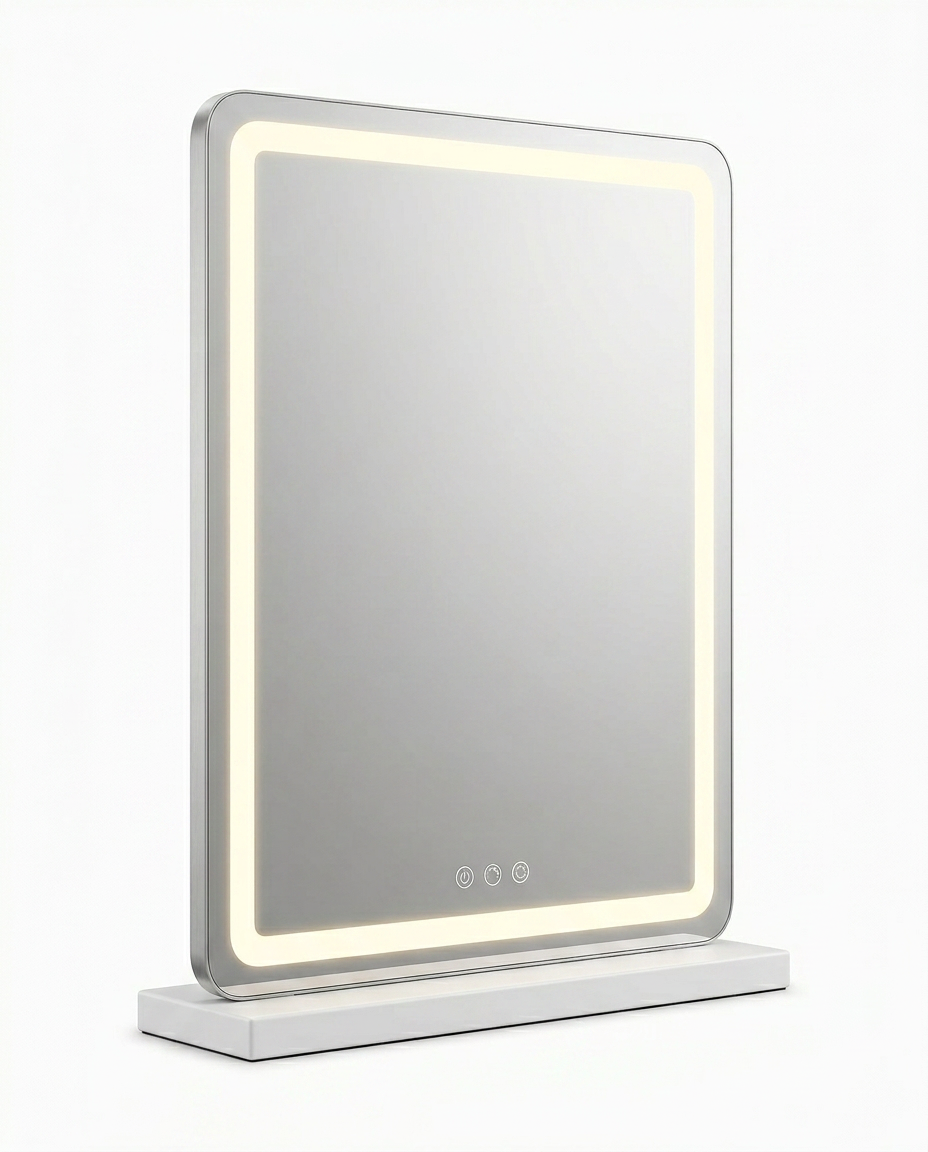 Rectangular LED vanity mirror with glowing warm-light border and touch controls, studio shot