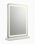 Rectangular LED vanity mirror with glowing warm-light border and touch controls, studio shot