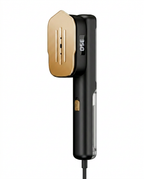 Black handheld garment steamer with gold soleplate and LED display, studio shot