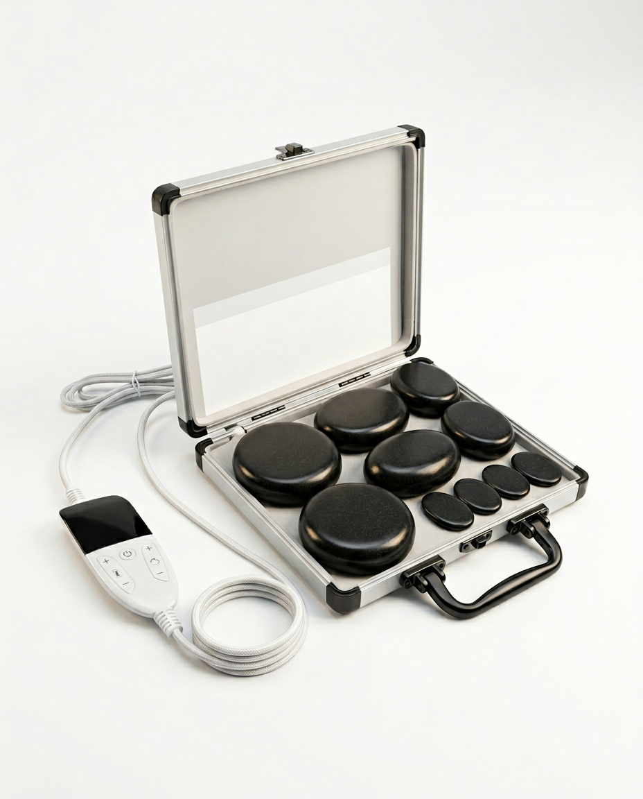 Hot stone massage set with black basalt stones in an aluminum case, on white