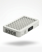 White nail dust collector with honeycomb grille and LED display, on white
