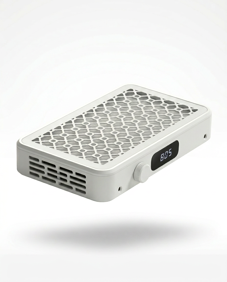 White nail dust collector with honeycomb grille and LED display, on white