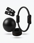Black pilates set with fitness ring, exercise ball, resistance band and grips