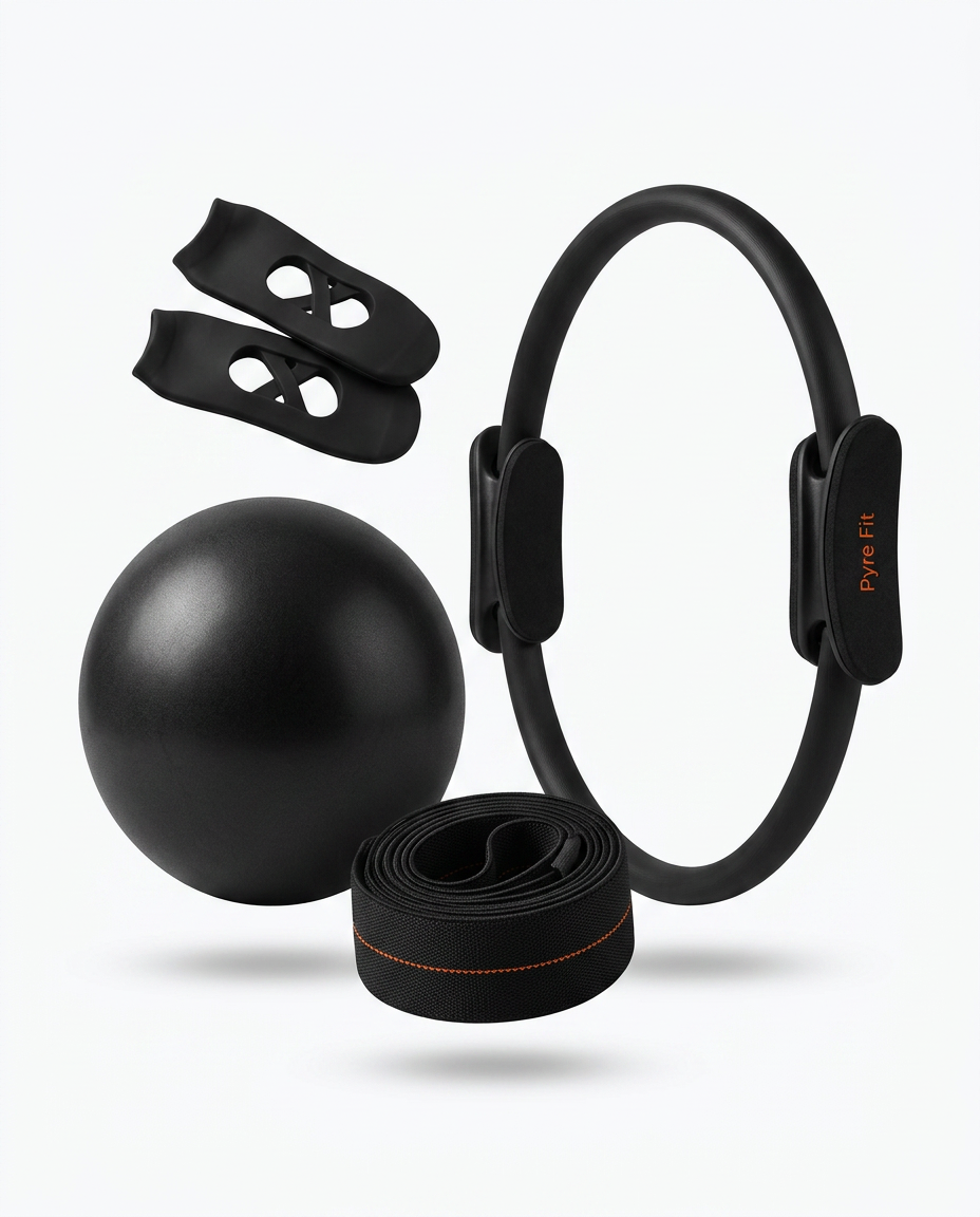 Black pilates set with fitness ring, exercise ball, resistance band and grips