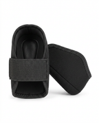 Pair of black neoprene heel cushion cups with elastic straps, on white