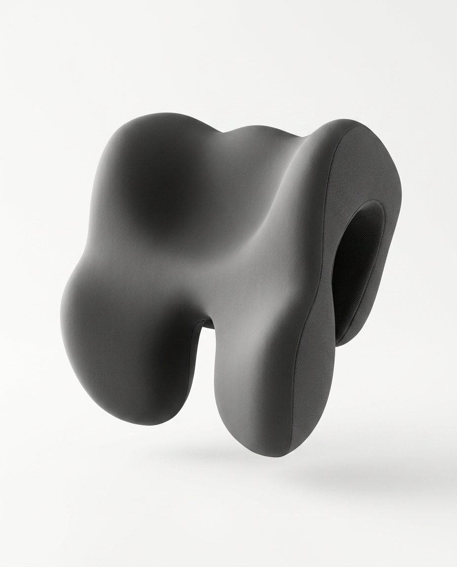 Dark gray sculpted ergonomic neck reset support cushion, studio shot on white