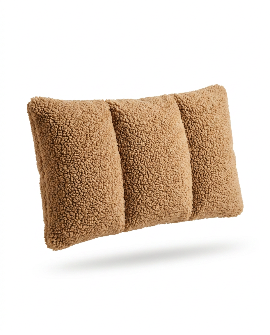 Camel sherpa lumbar support pillow with three padded channels on white