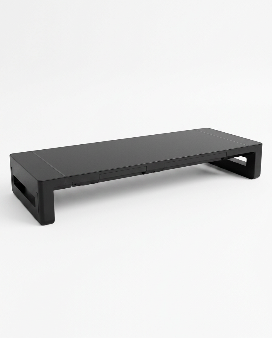 Black ergonomic monitor stand riser for desk, studio shot on white