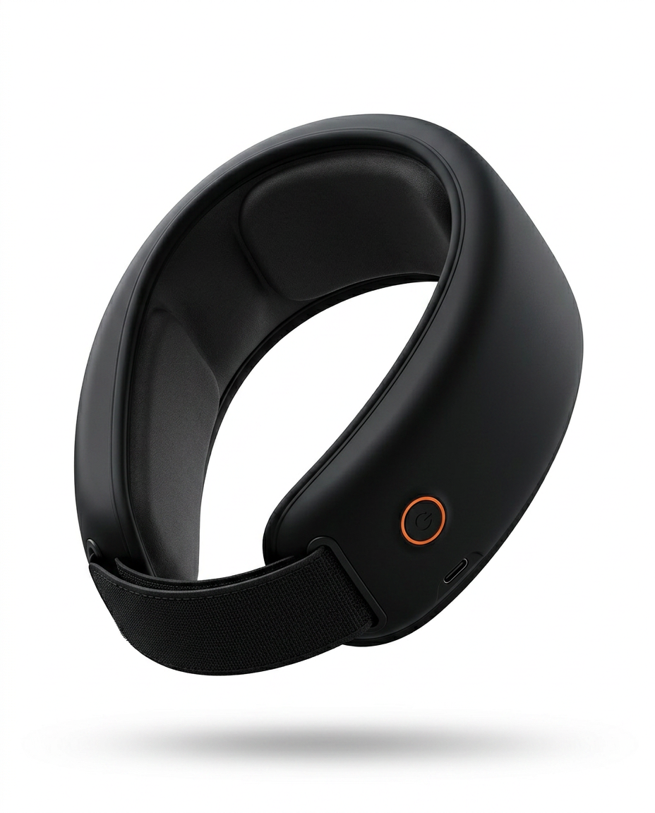 Black heated warm neck wrap with single control button, studio shot on dark