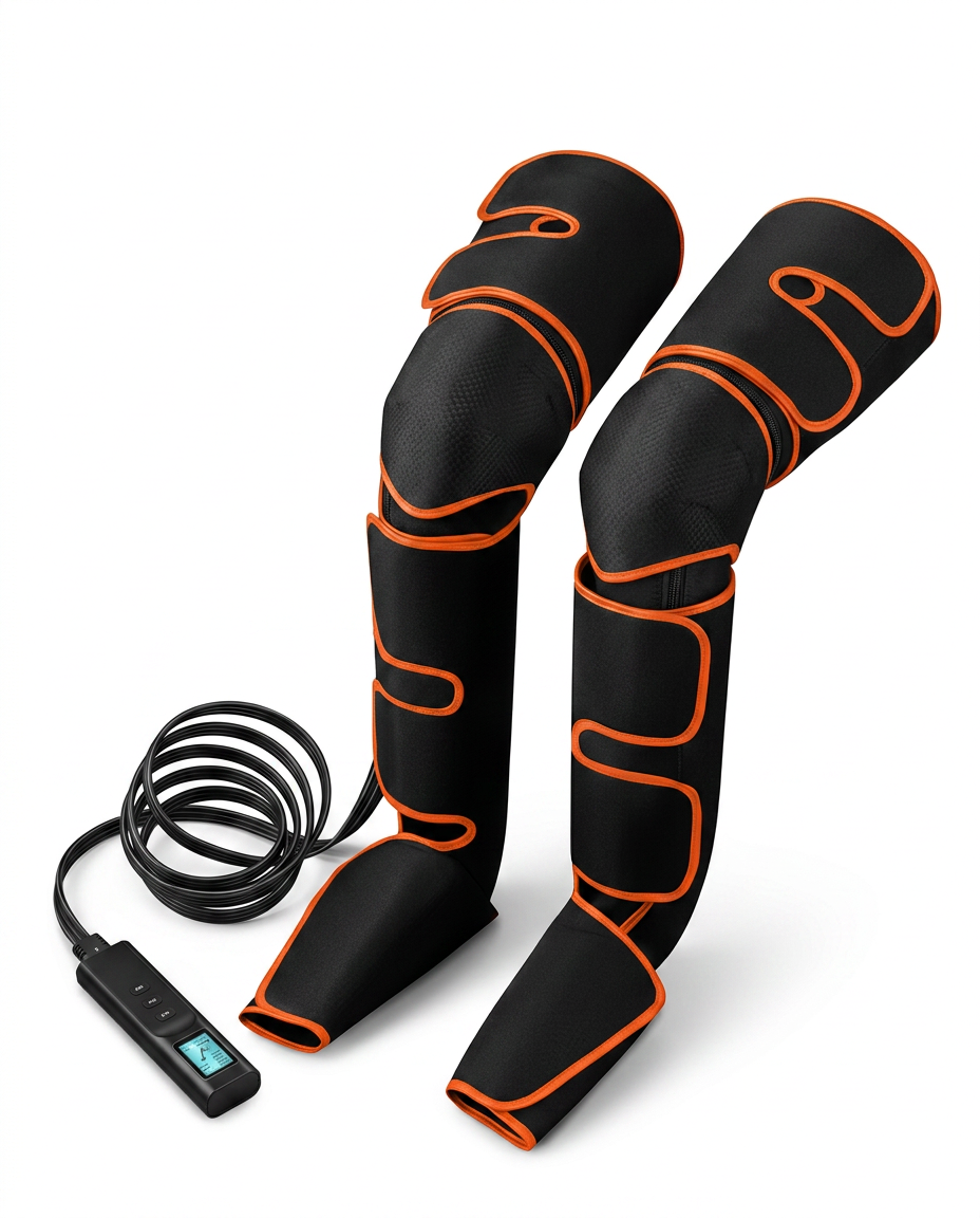 Pair of black air compression leg massager boots with orange trim and controller