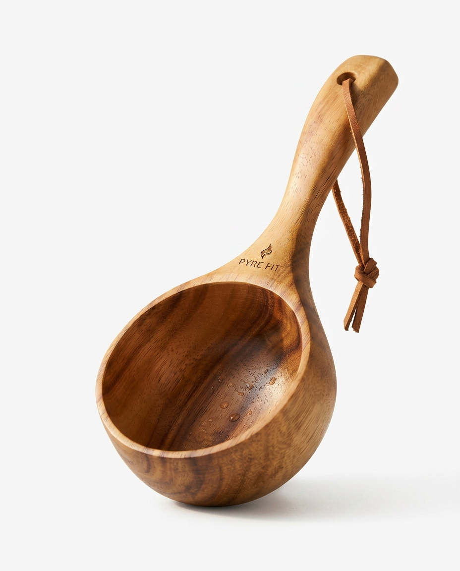 Wooden sauna water ladle with leather loop, studio packshot on white