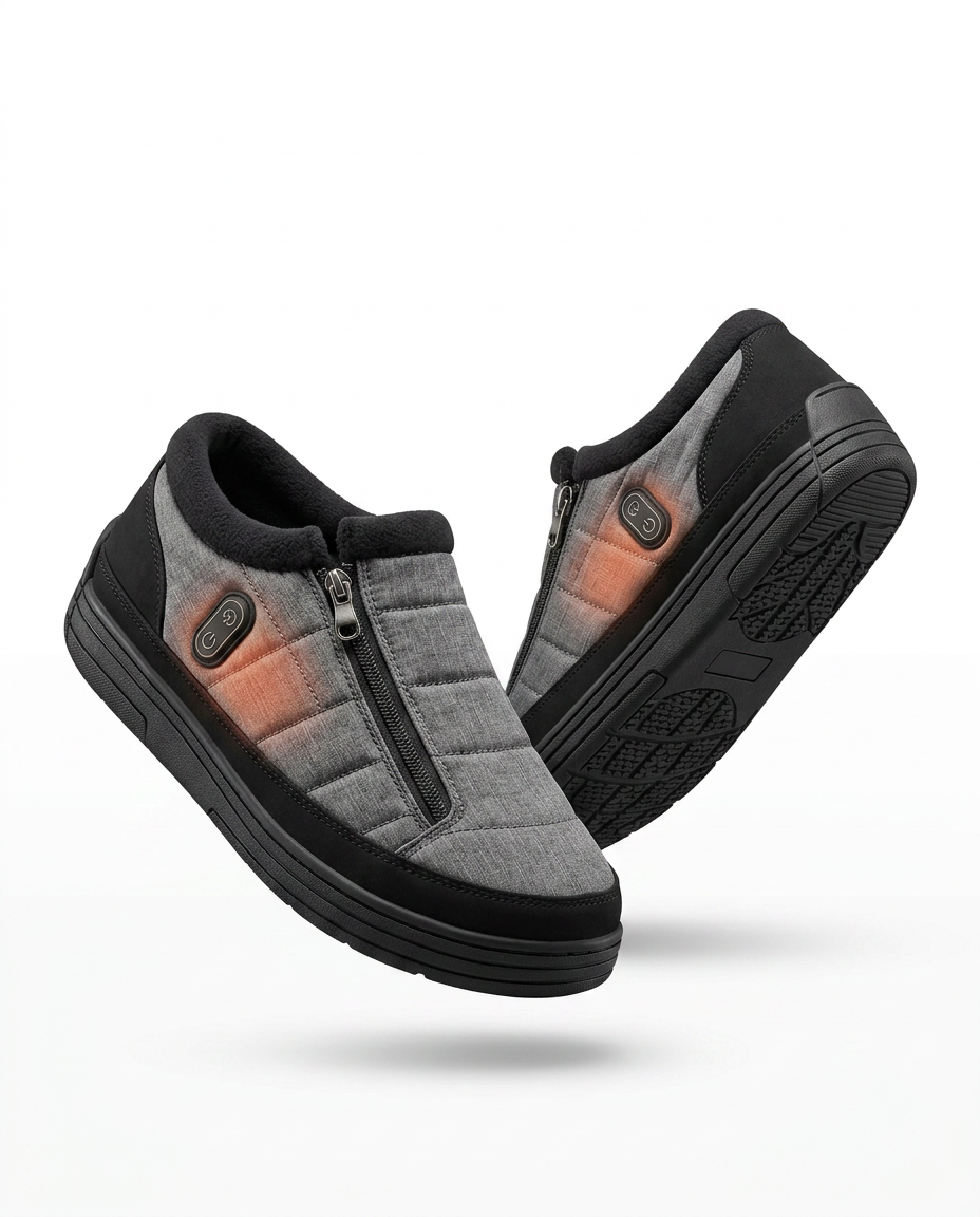 Grey rechargeable heated house slippers with side zippers, studio packshot