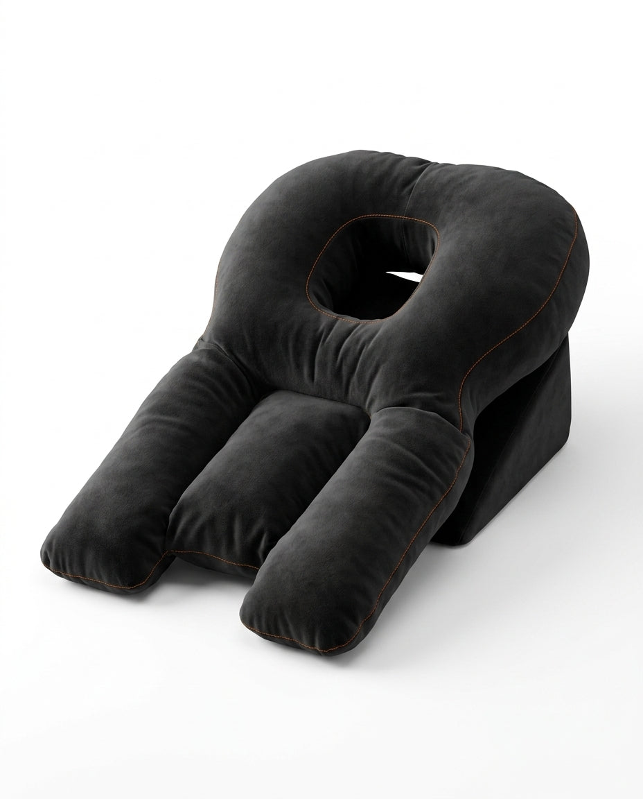 Black face-down support pillow with center face cradle and arm bolsters, studio shot
