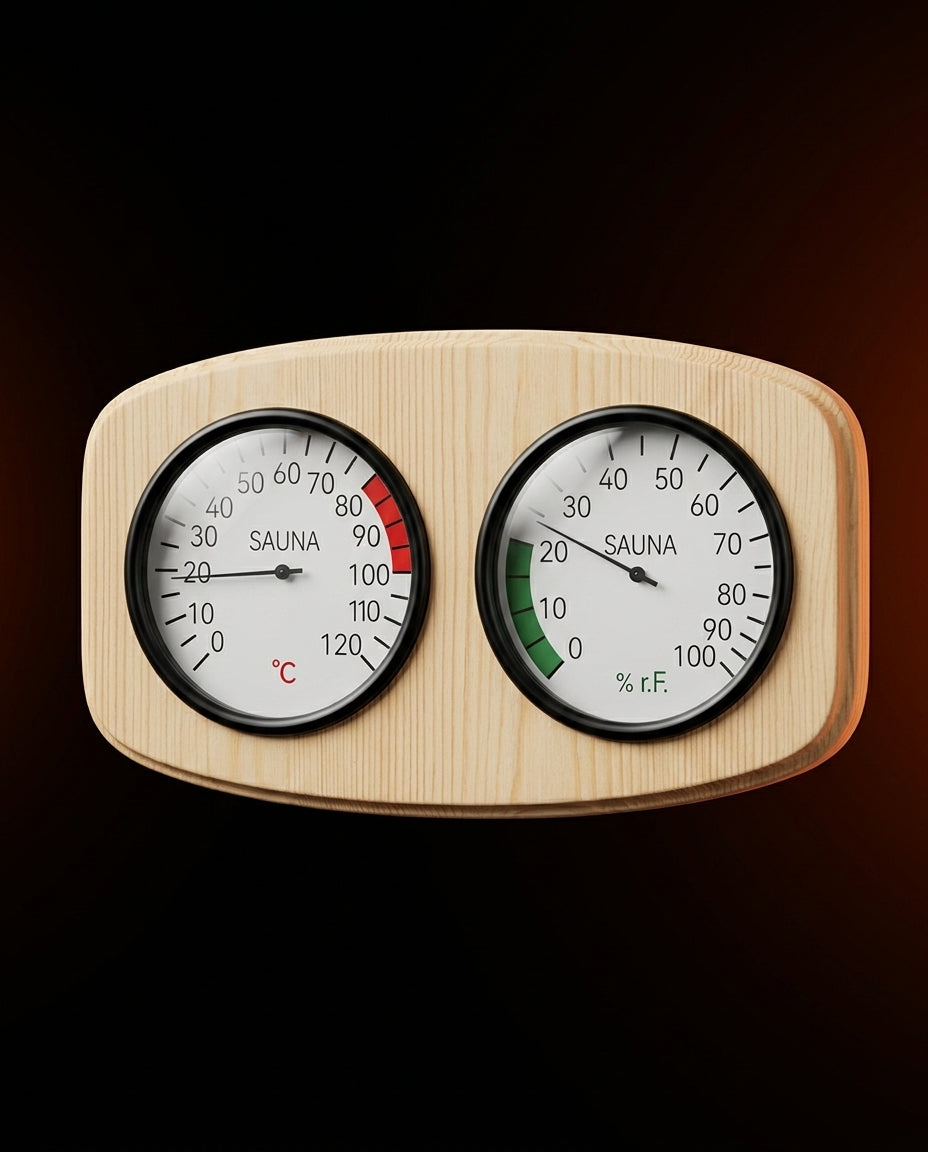 Pine sauna thermometer and hygrometer packshot on dark gradient background