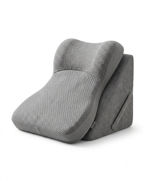 Gray memory foam adjustable sleep wedge lounger with contoured headrest, studio shot on white