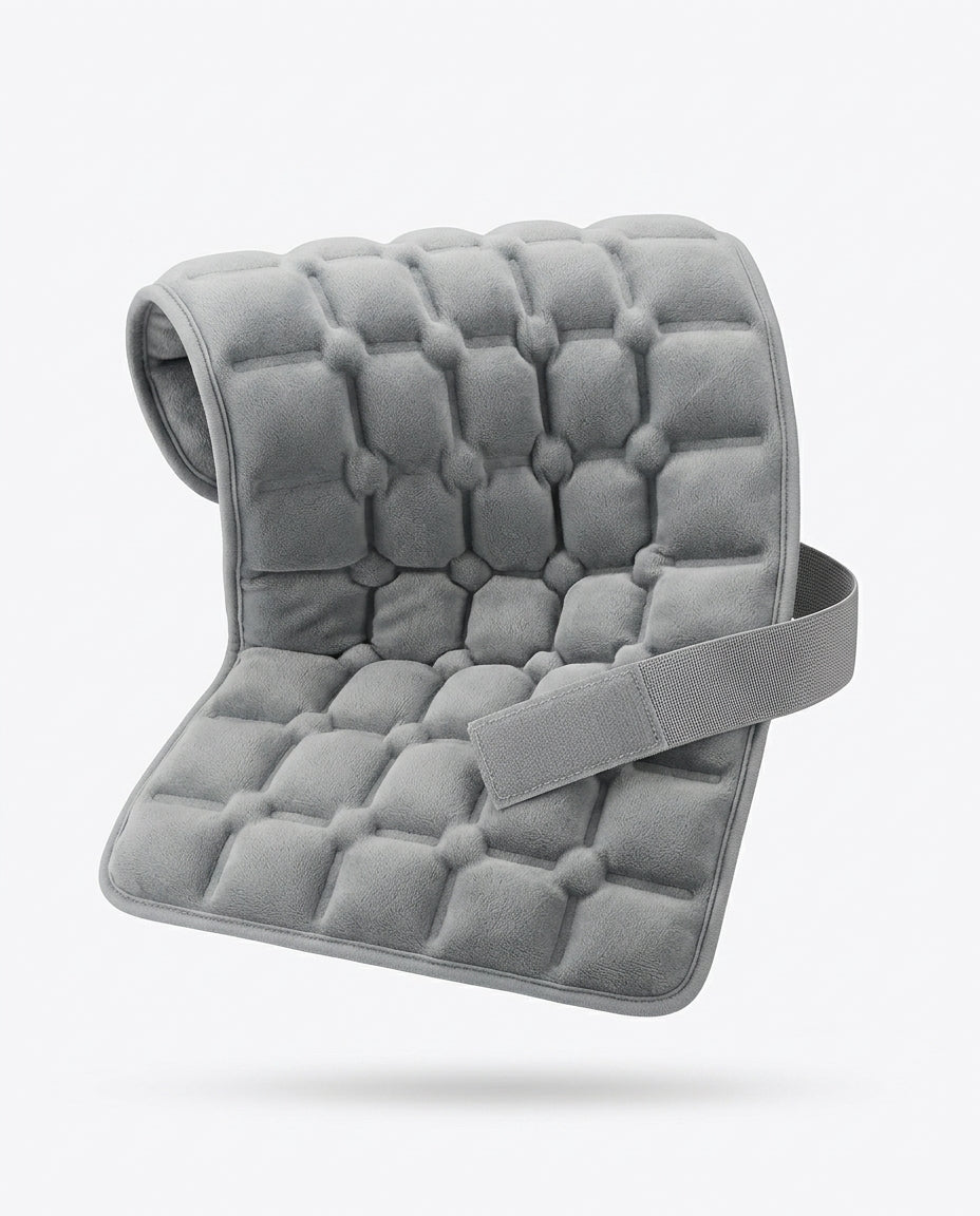 Grey quilted gel comfort pad with adjustable strap, studio shot on white