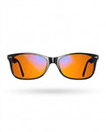 Black blue light glasses with orange tinted lenses, front studio shot on white