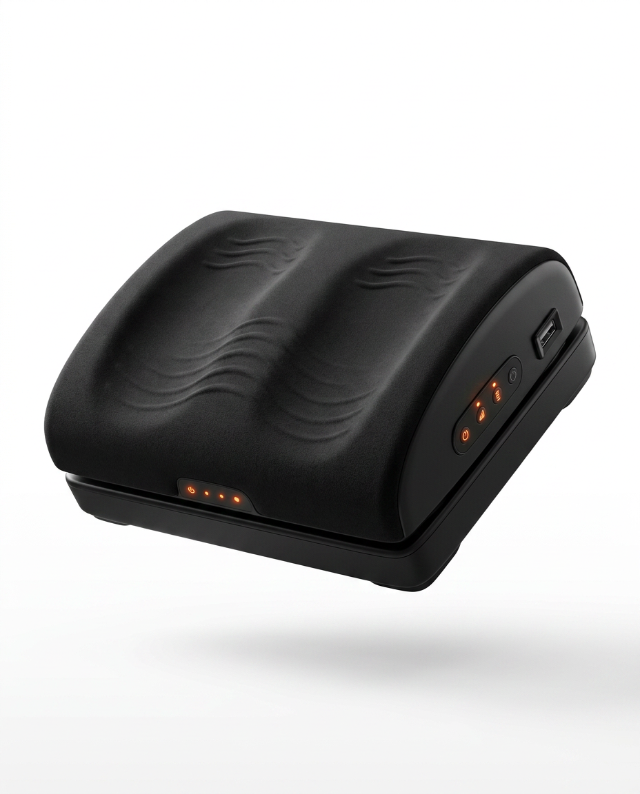 Black heated vibration foot massager cushion, studio packshot on white