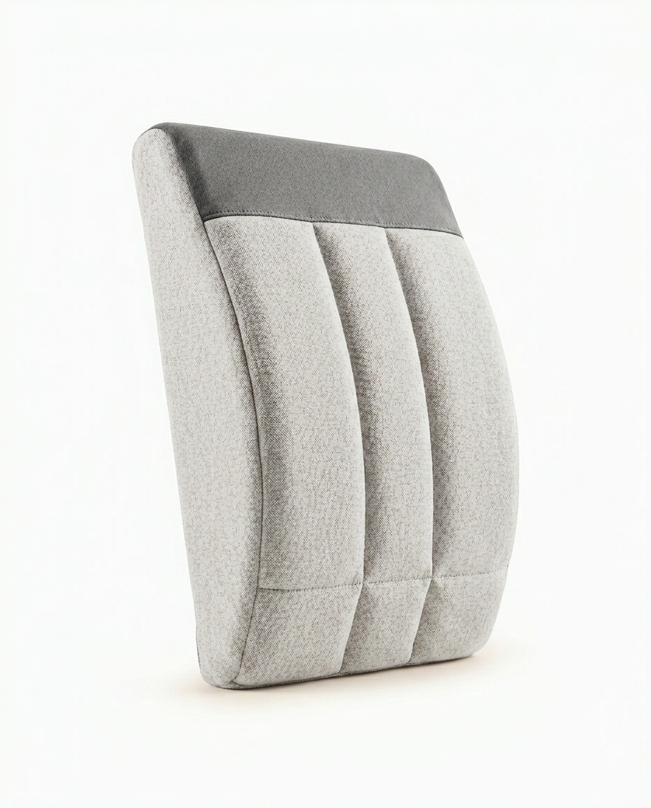 Grey adjustable lumbar sleep support cushion with contour channels, on white