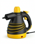 Yellow and black handheld steam cleaner with attached nozzle, studio shot
