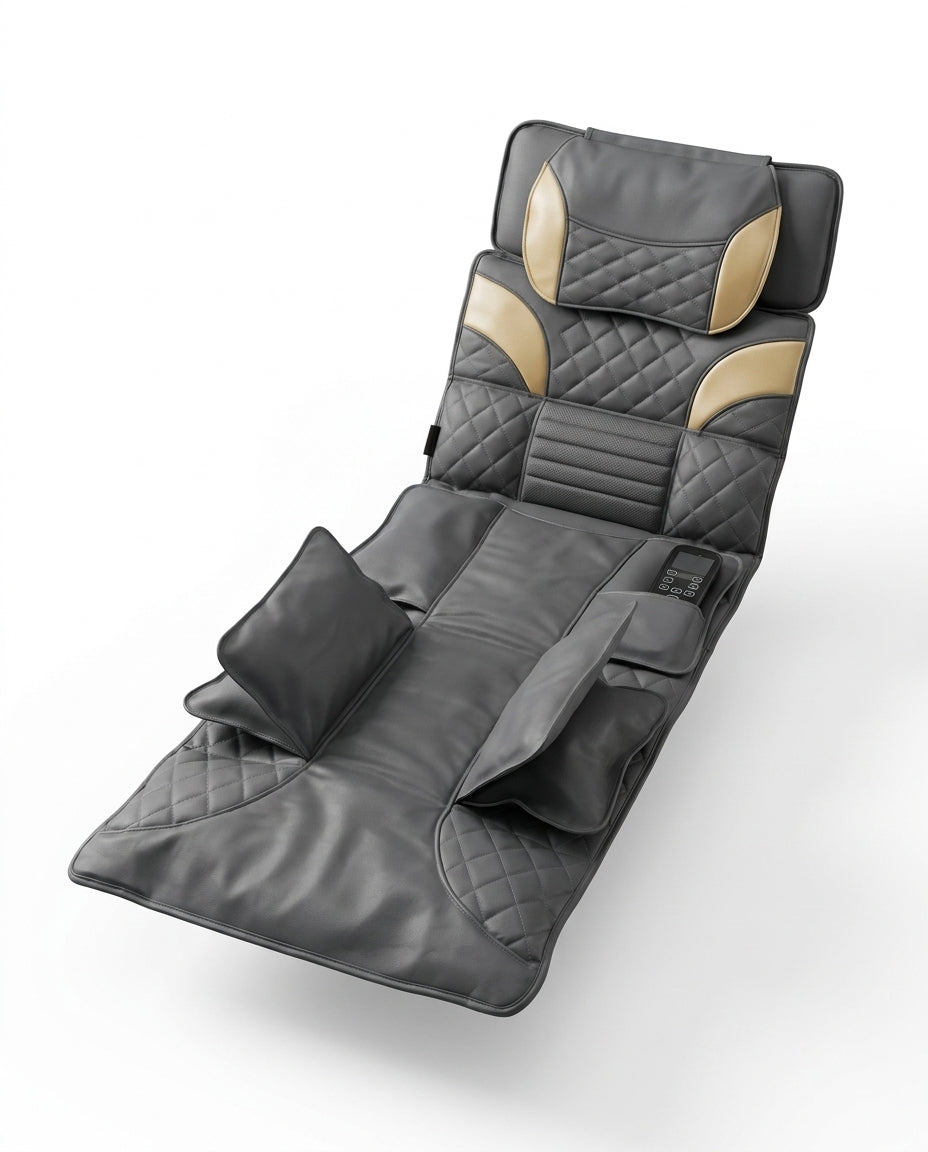 Grey quilted full-body air compression massage mat with pillow and remote